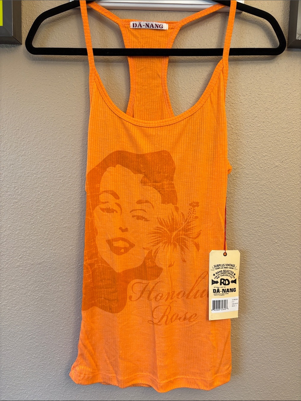 NEW! DA-NANG Orange Ribbed Honolulu Rose Graphic Racerback Tank Top